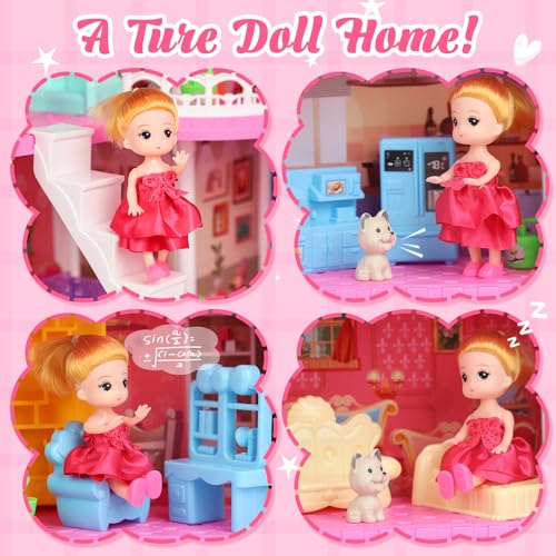 4-Story 12 Rooms Pink Dollhouse with Doll and Furniture J787