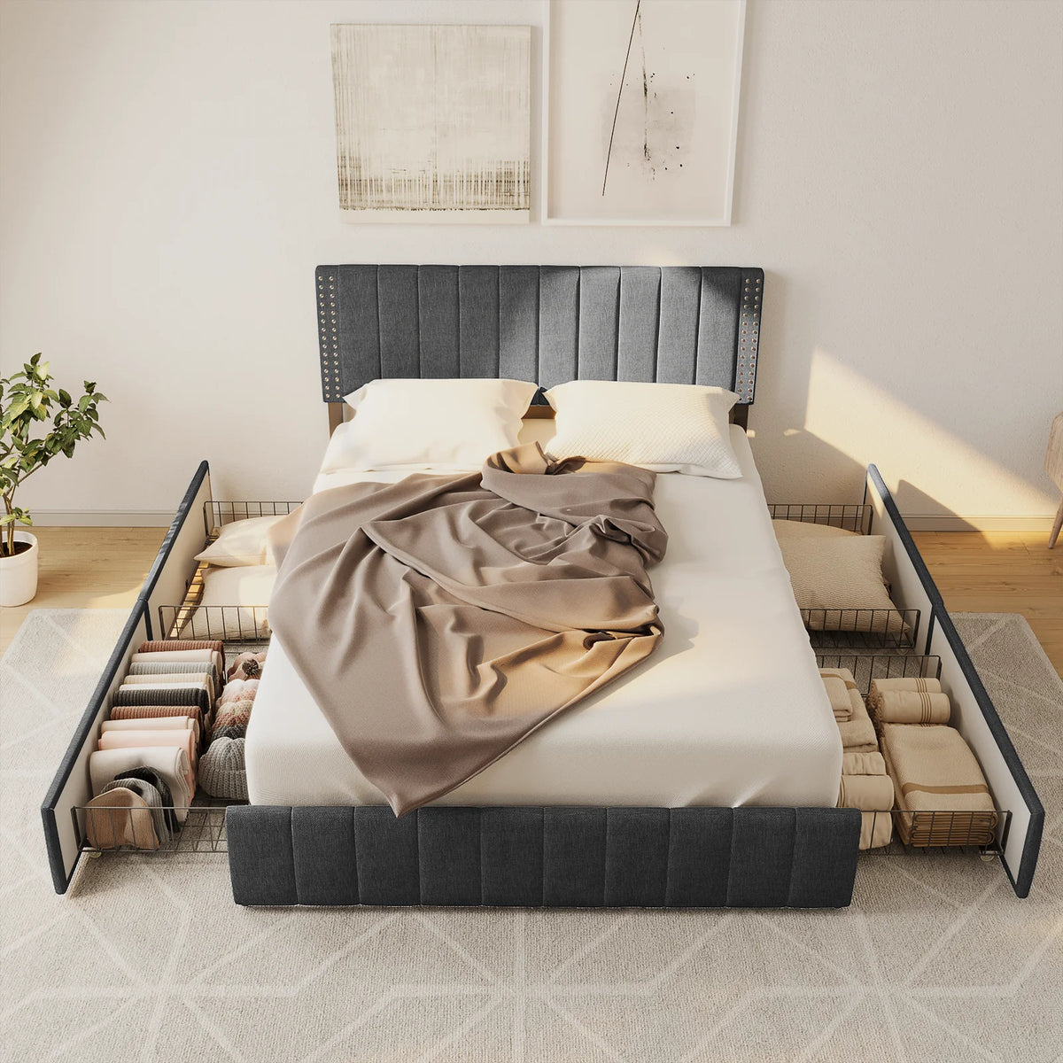 Full Bed Frame with 4 Storage Drawers W556