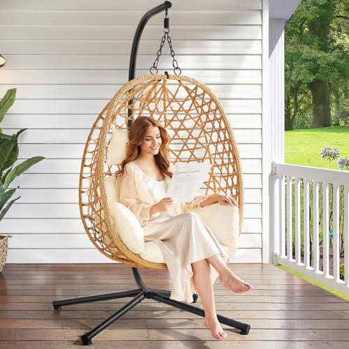 Beige Wicker Rattan Egg Chair with Stand U744530