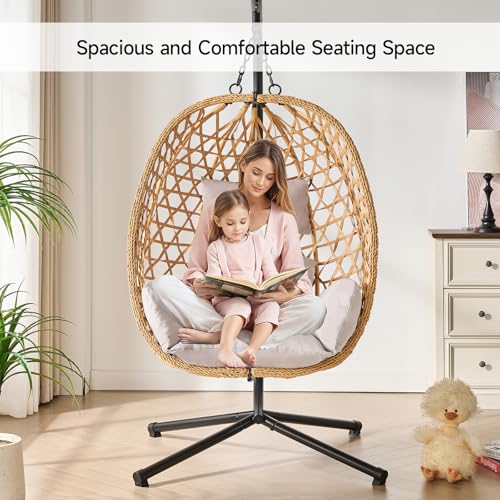 Beige Wicker Rattan Egg Chair with Stand U744530