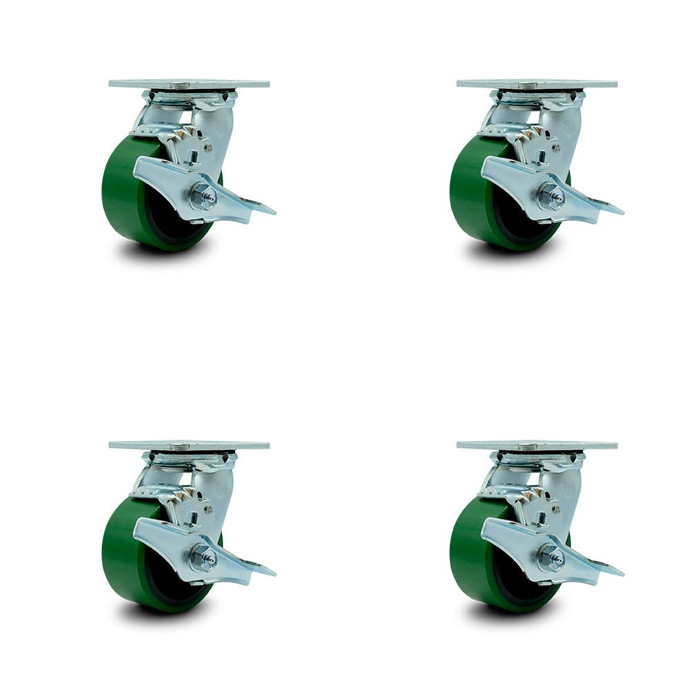 Polyurethane Cast Iron Swivel Caster with 8 x 2 Green Wheel and Brake, Pack of 2 N9808