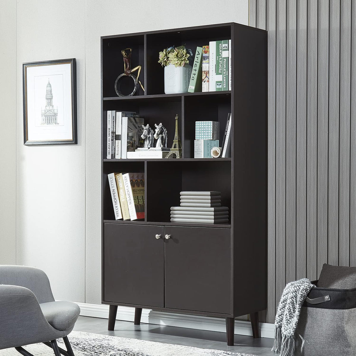 Modern Wooden Bookcase with 2 Doors and 6 Storage Cabinet Q2054