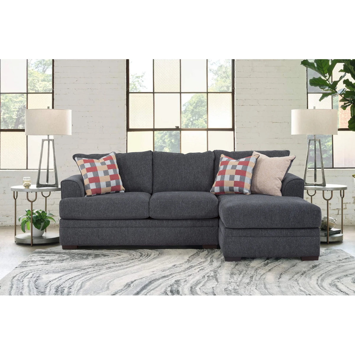 Charcoal Two Piece Sectional Sofa with Three Throw Pillows R4627