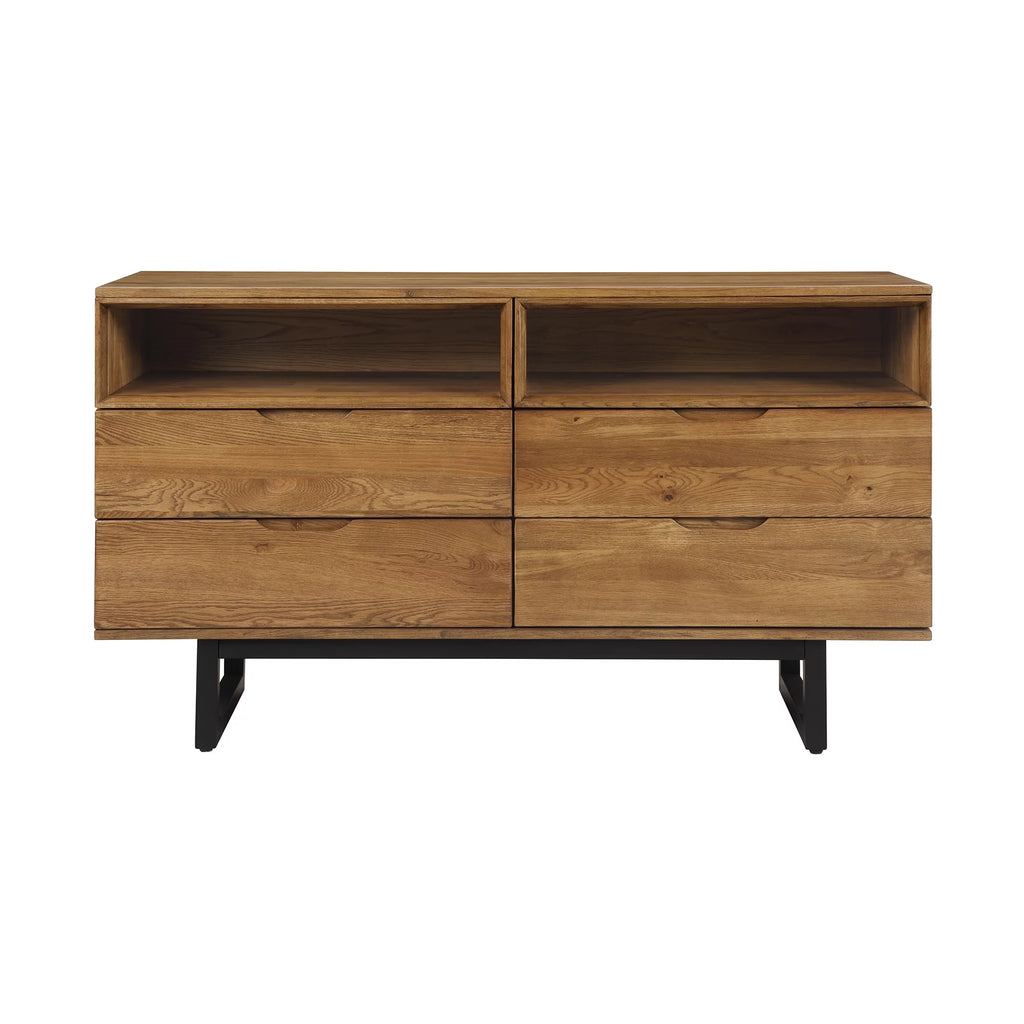 Brown Oak Wood 4 Drawer Dresser with Black Metal Legs N2578