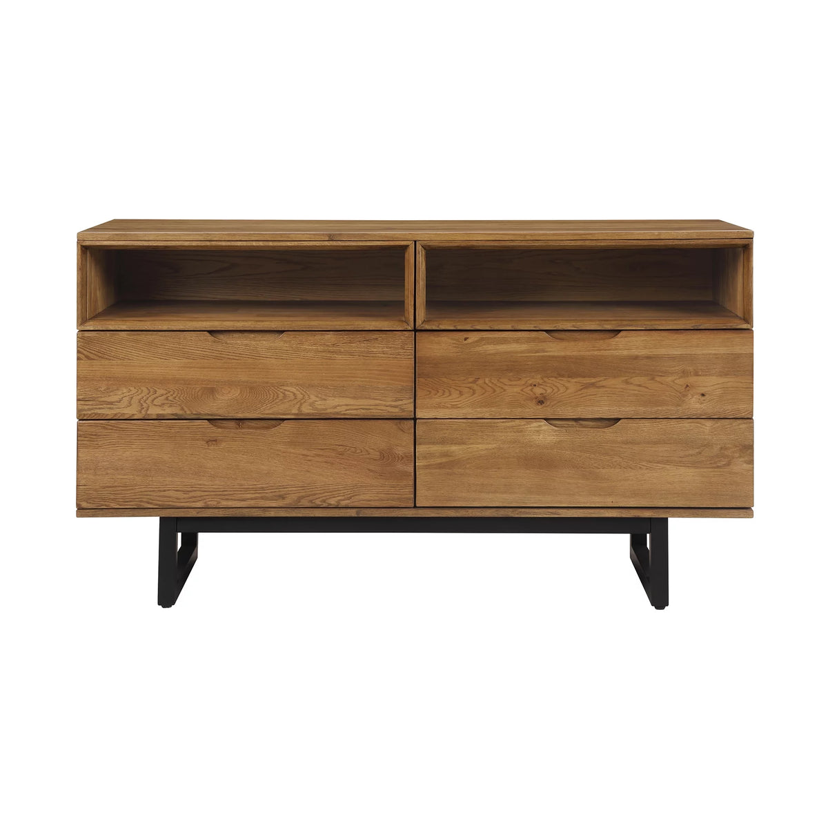 Brown Oak Wood 4 Drawer Dresser with Black Metal Legs N2578