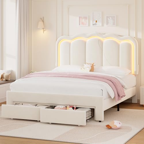 Beige Velvet Twin Upholstered Platform Bed with Storage Drawer Y7404