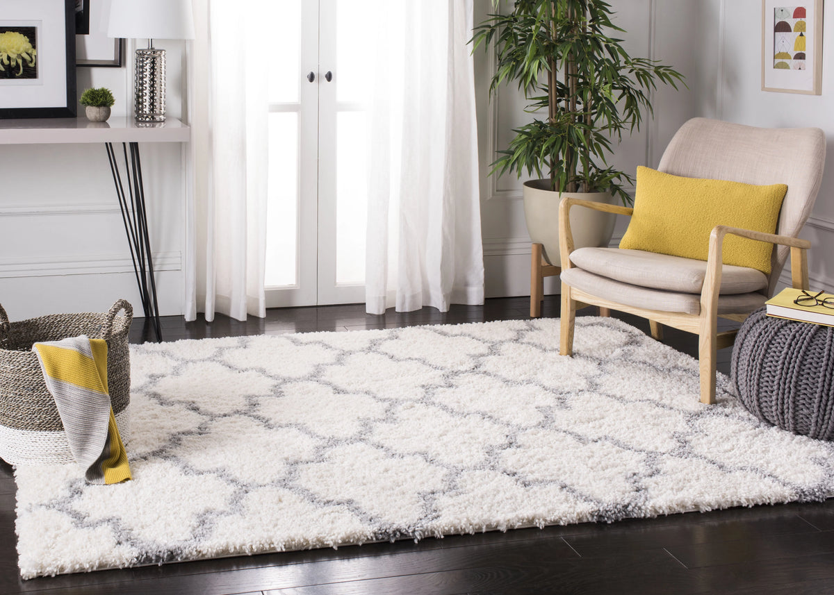 Cream Grey Geometric Plush Shag Area Rug 9' x 12' A590811