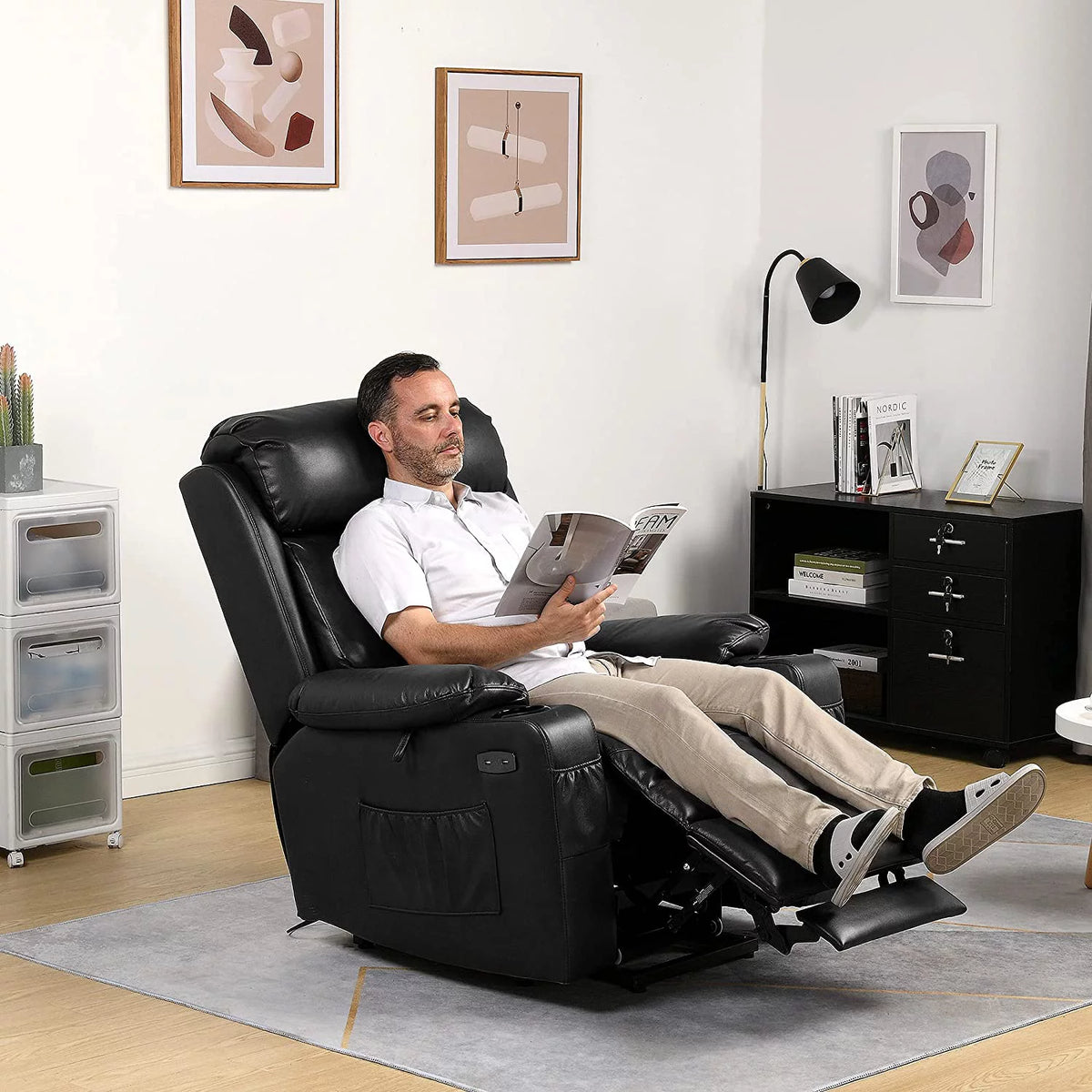 Black Faux Leather Power Lift Recliner Chair with Massage Heat E52727