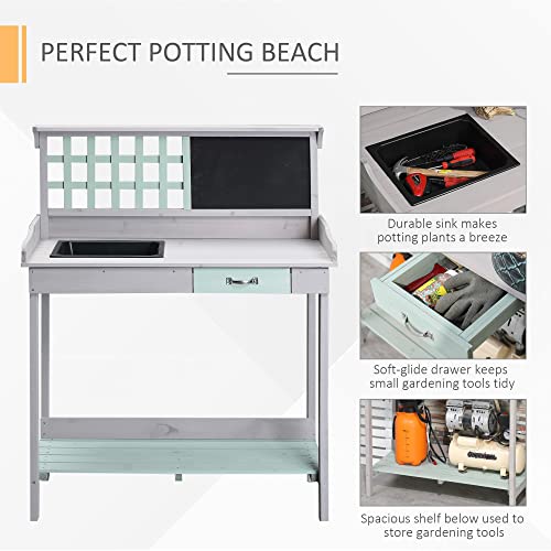 Light Gray Wooden Potting Bench Table with Sink and Drawer E1671