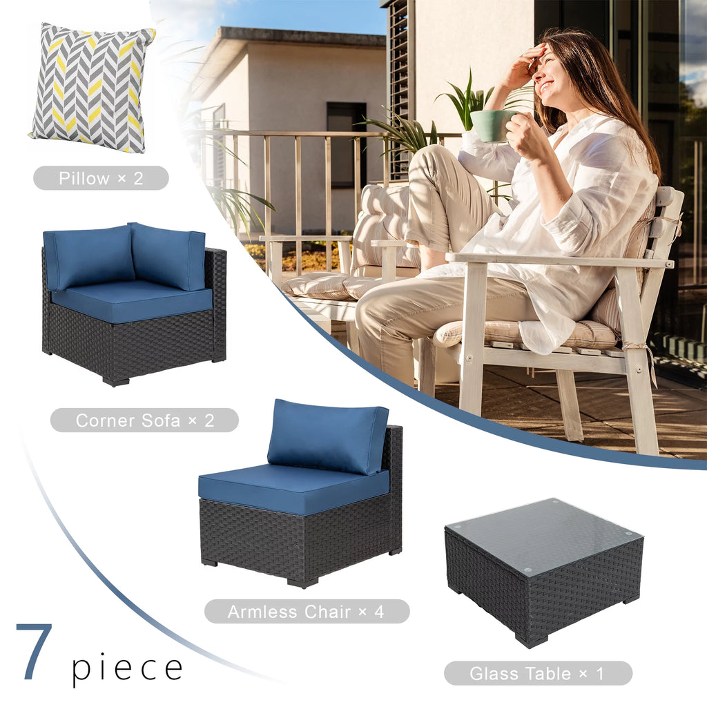 7 Pieces Black Wicker Outdoor Sectional Sofa Set with Tea Table Q666626