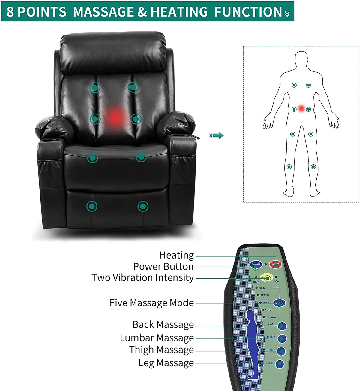 Black Faux Leather Power Lift Recliner Chair with Massage Heat E52727