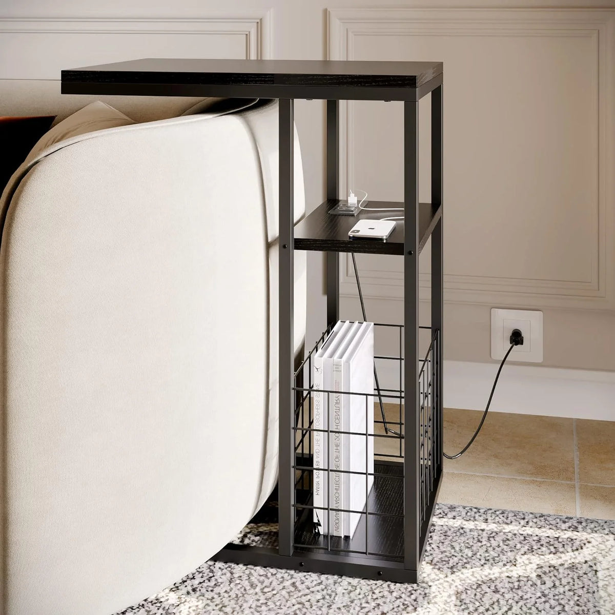 C Shaped End Table with Charging Station, Black H259773