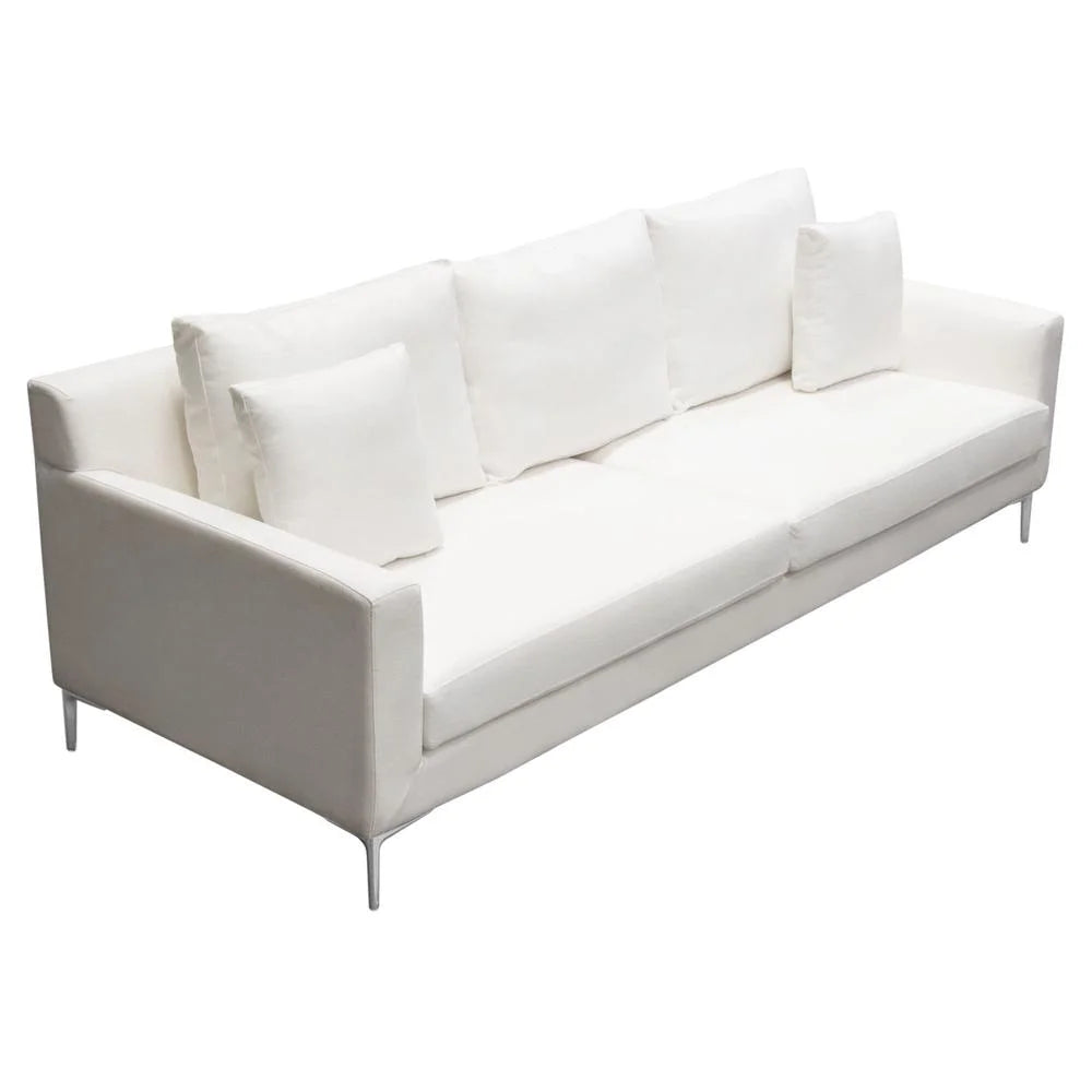 White Linen Sofa with Polished Silver Metal Leg T891