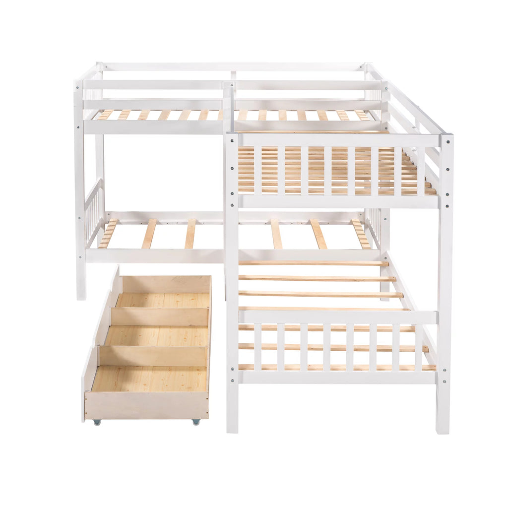 White Wooden L-Shaped Twin Over Twin Bunk Beds with Storage Drawers Q861