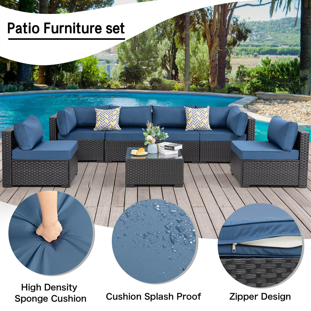 7 Pieces Black Wicker Outdoor Sectional Sofa Set with Tea Table Q666626