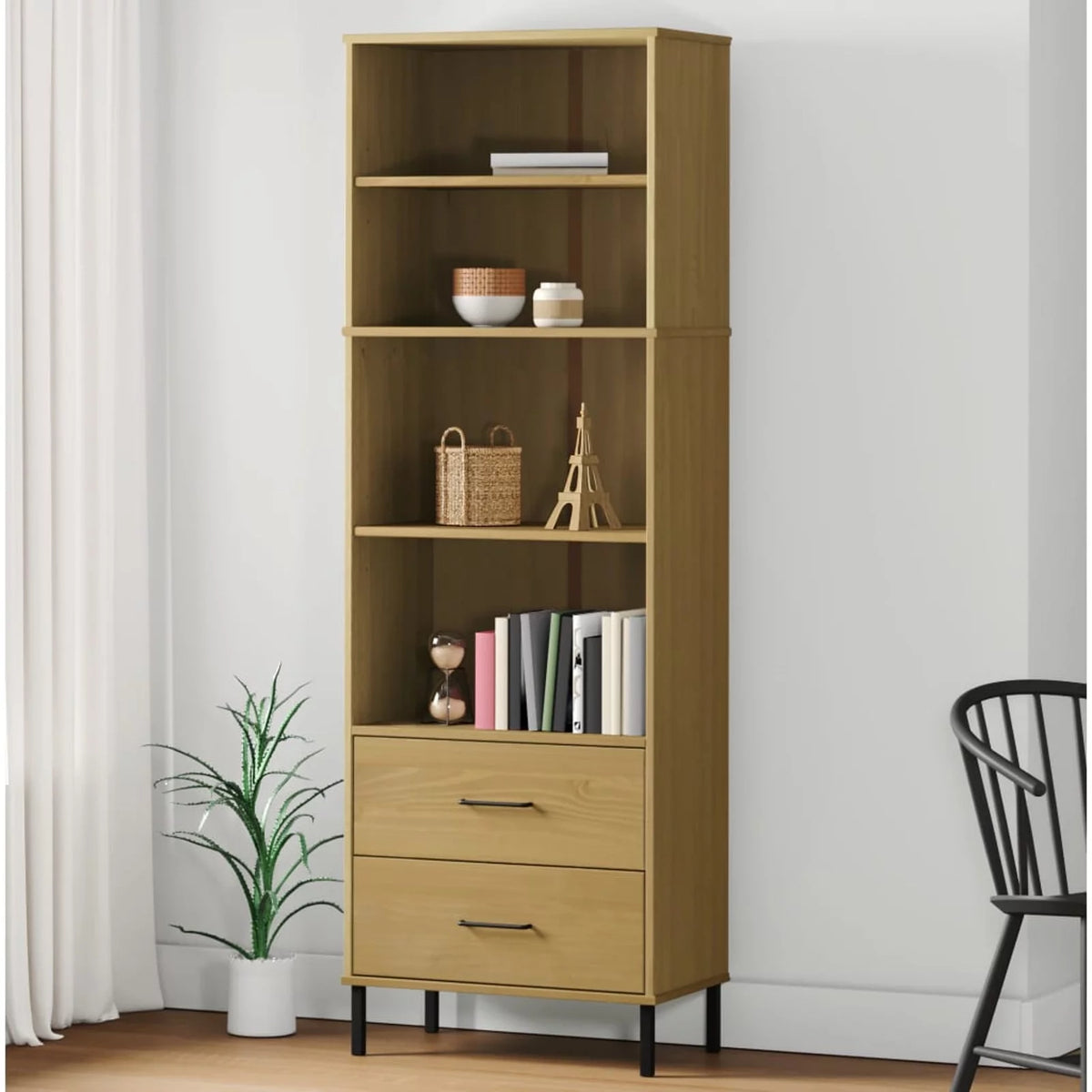 Pine Wood Bookcase with 2 Drawers and 4 Compartments I51536