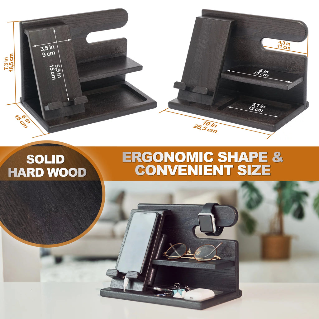 Wood Phone Docking Station Ash Key Holder Wallet Stand Watch Organizer (Black) R288