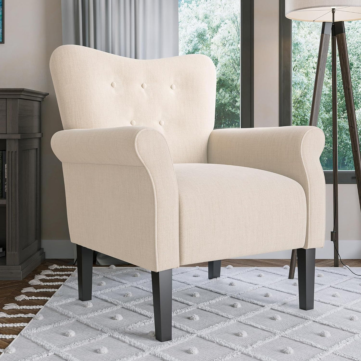 Beige Upholstered High Back Armchair with Wooden Legs L802327