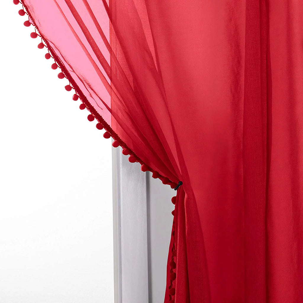 Semi-Sheer Curtains with Pom Pom Tassels 2 Piece Set 60 X 84 Red G908
