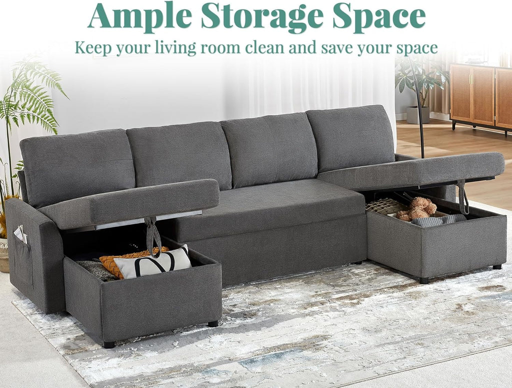 Pull Out Couch Sleeper Sofa with Storage Chaise Grey Sherpa Y323