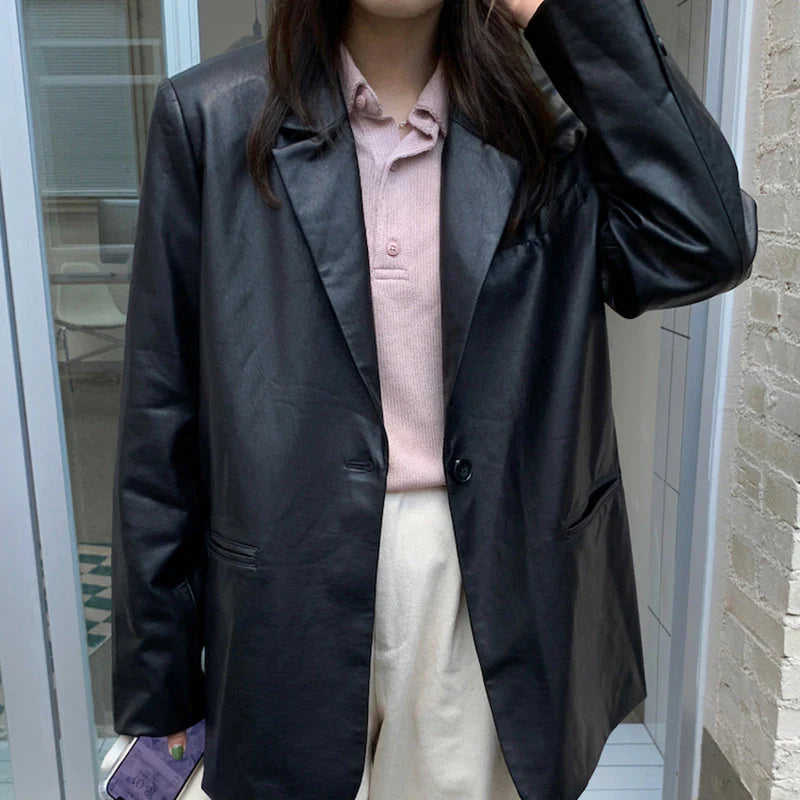 Recycled Vegan Leather One Button Blazer Jacket Z60466