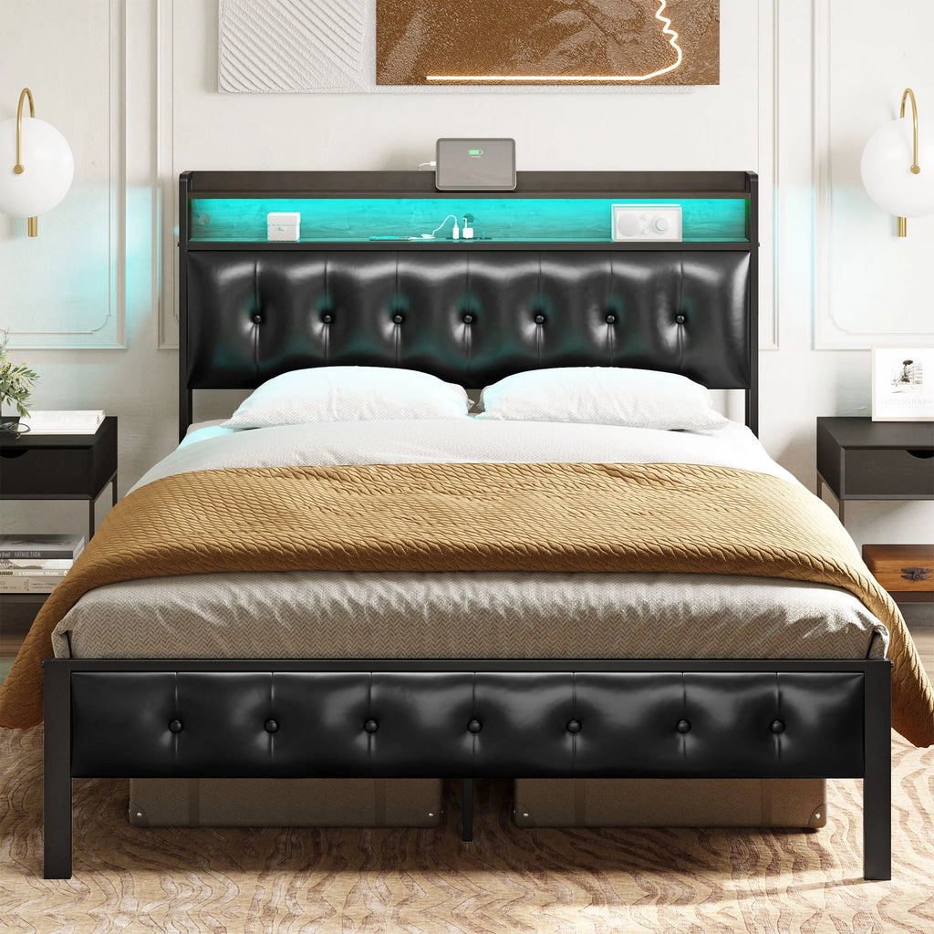 Queen Upholstered Platform Bed Frame with Storage Headboard H128149