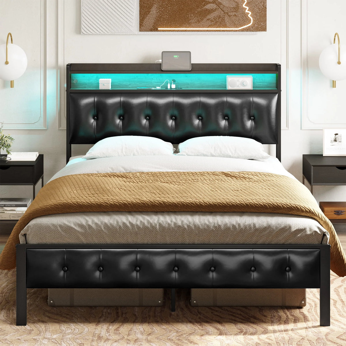 Queen Upholstered Platform Bed Frame with Storage Headboard H128149