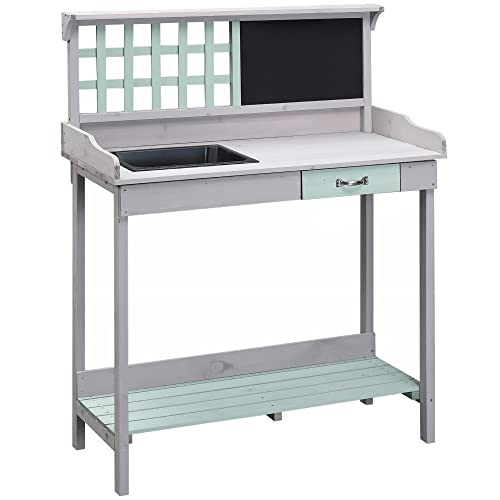 Light Gray Wooden Potting Bench Table with Sink and Drawer E1671
