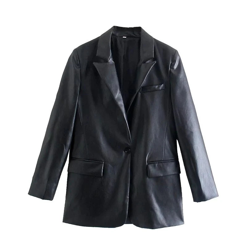 Recycled Vegan Leather One Button Blazer Jacket Z60466
