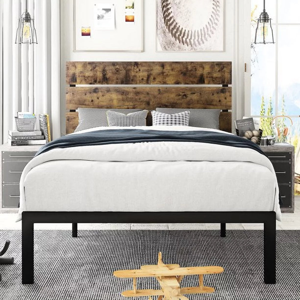 Twin Size Platform Bed Frame with Wood Headboard and Metal Slats C75680