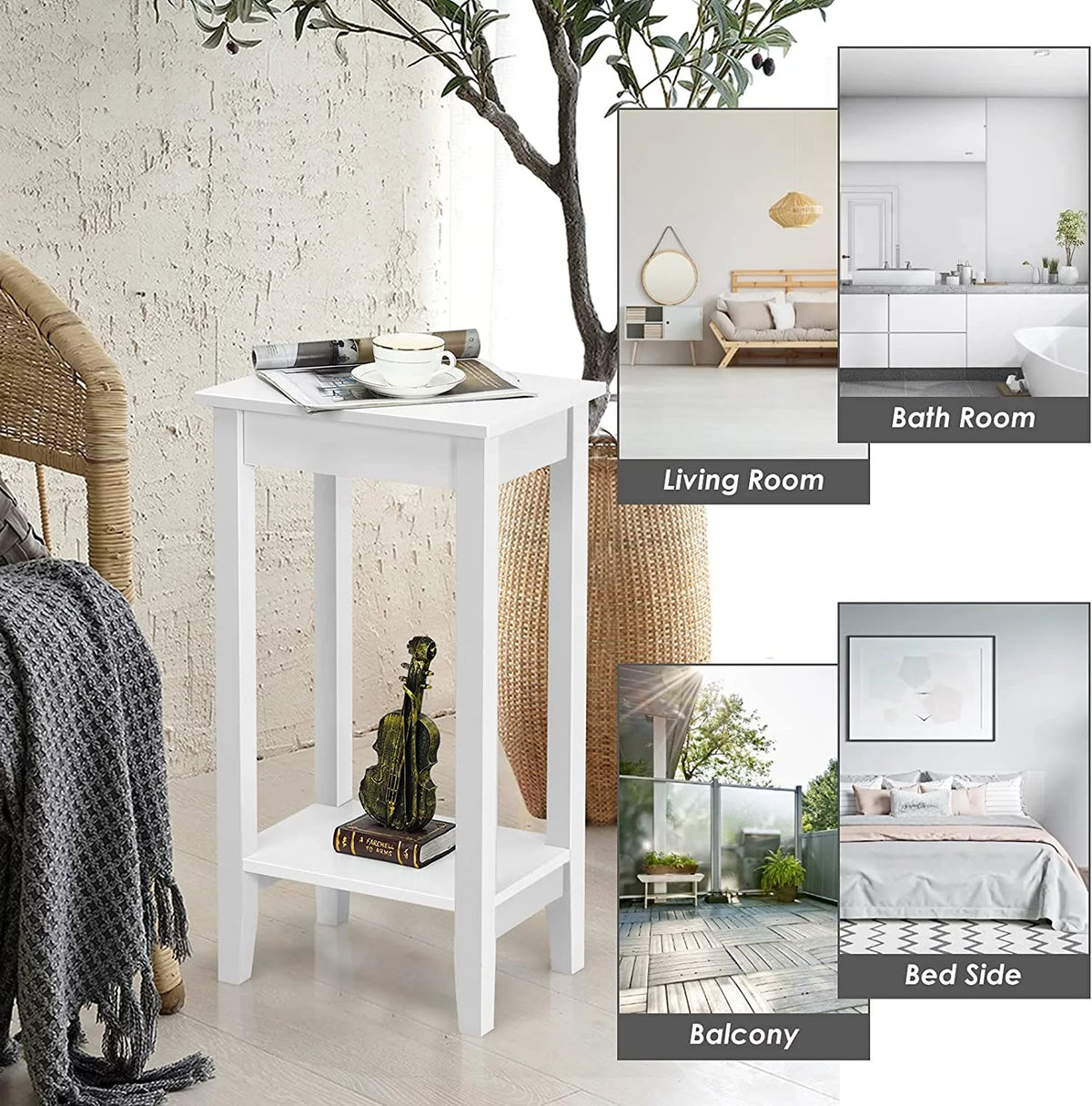 2-Tier End Table with Shelf and Wooden Legs, White R81983