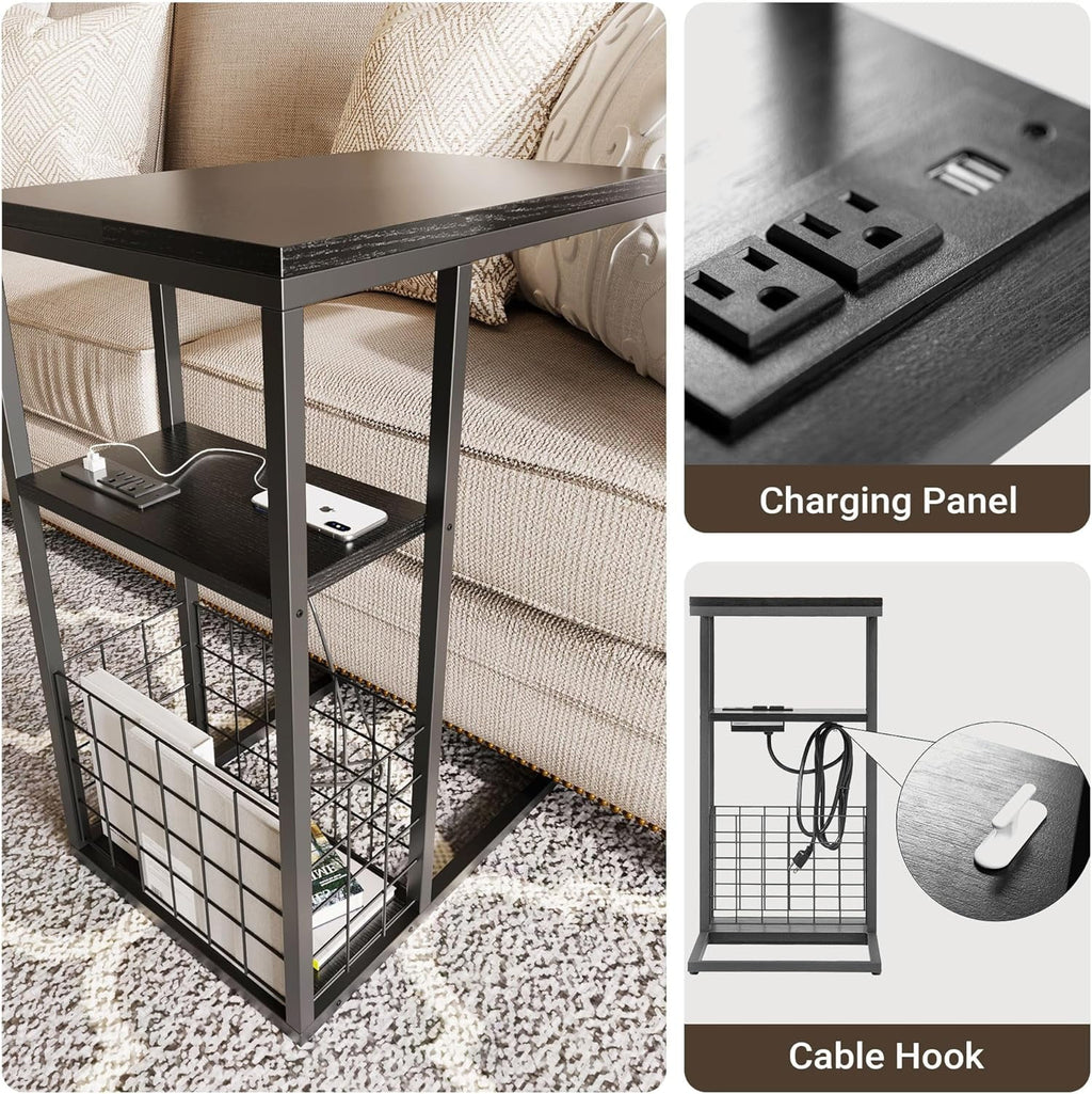 C Shaped End Table with Charging Station, Black H259773