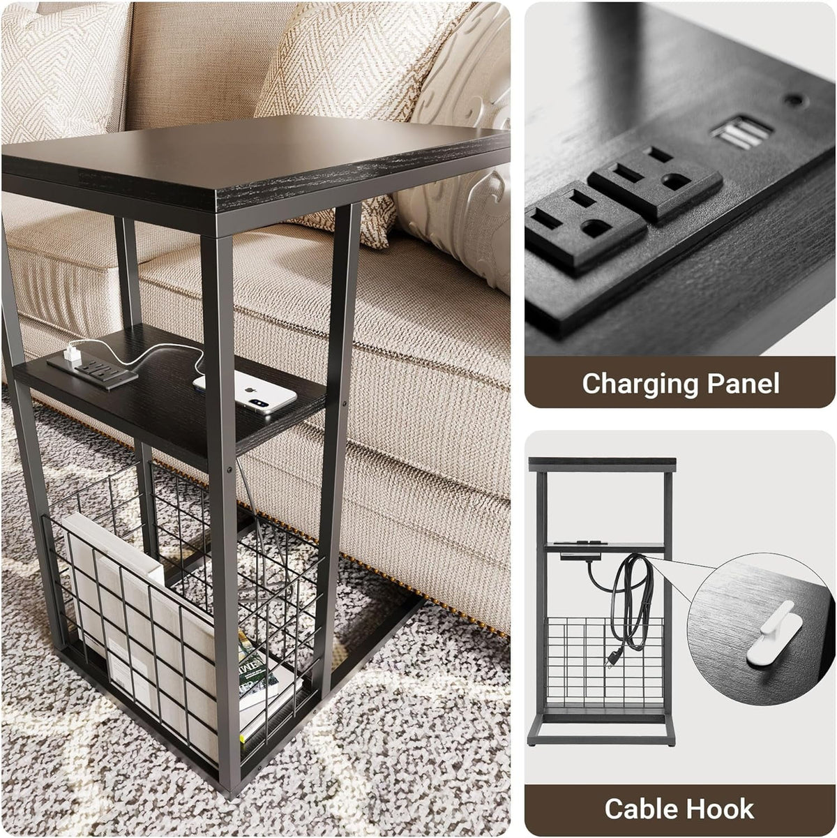 C Shaped End Table with Charging Station, Black H259773