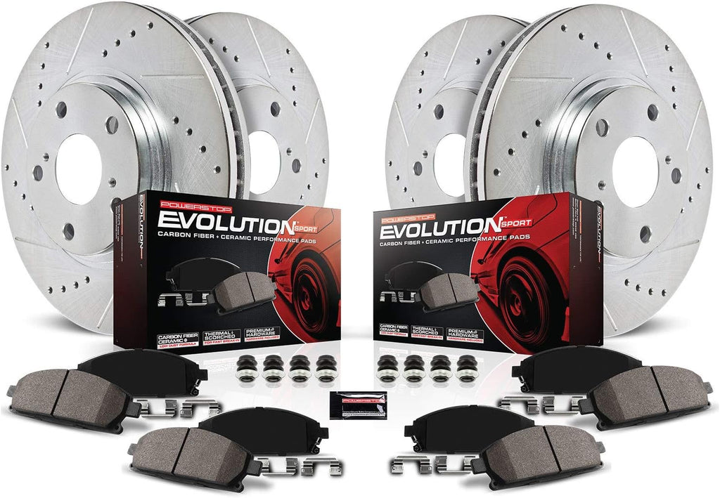 Front and Rear Carbon Fiber Brake Pads with Drilled & Slotted Brake Rotors Kit M9795