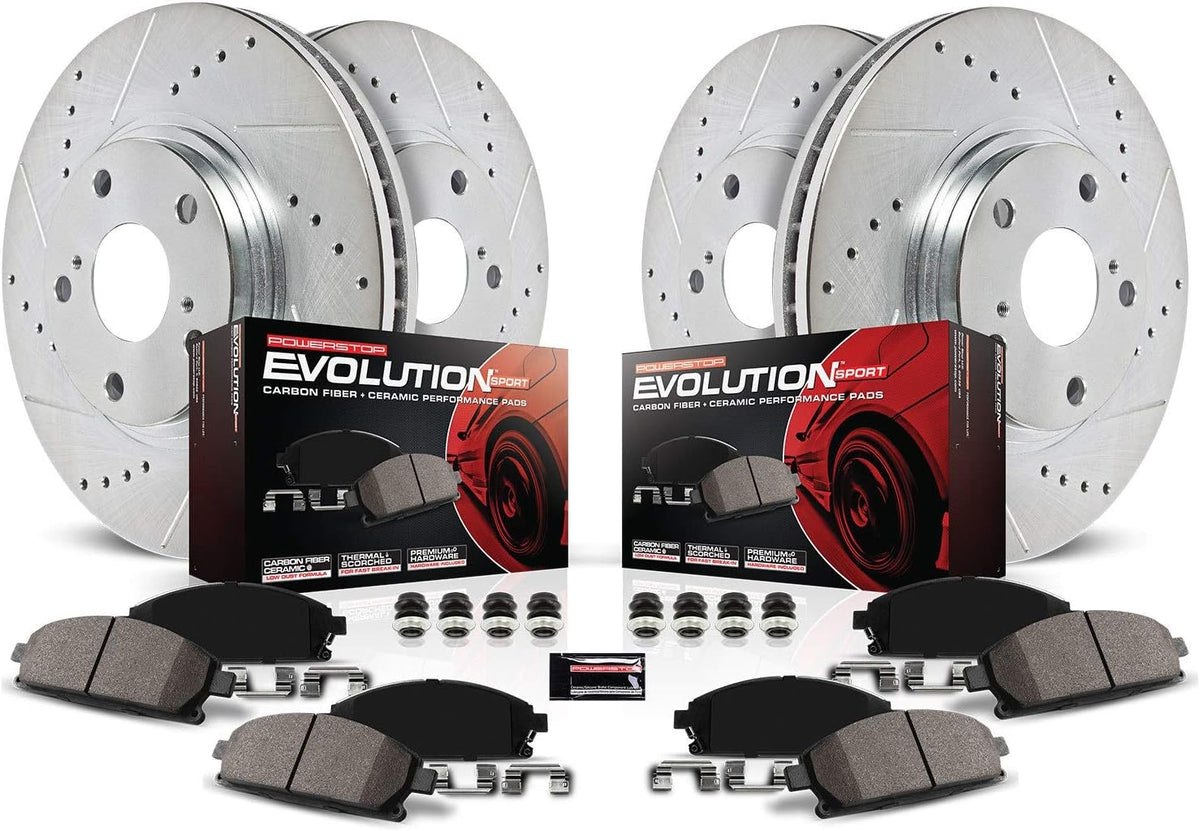 Front and Rear Carbon Fiber Brake Pads with Drilled & Slotted Brake Rotors Kit M9795
