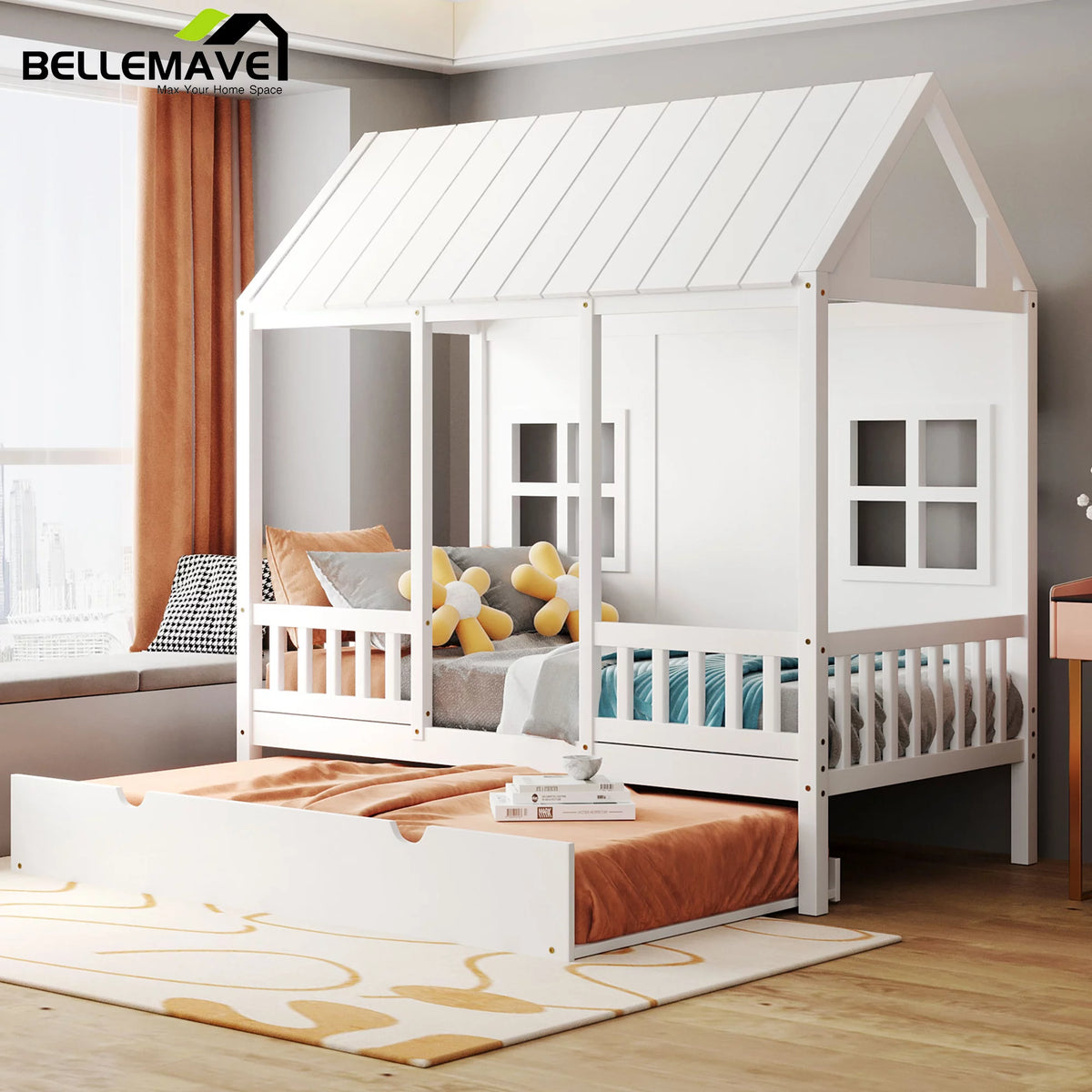 White Twin Size Wood House Daybed with Trundle O691