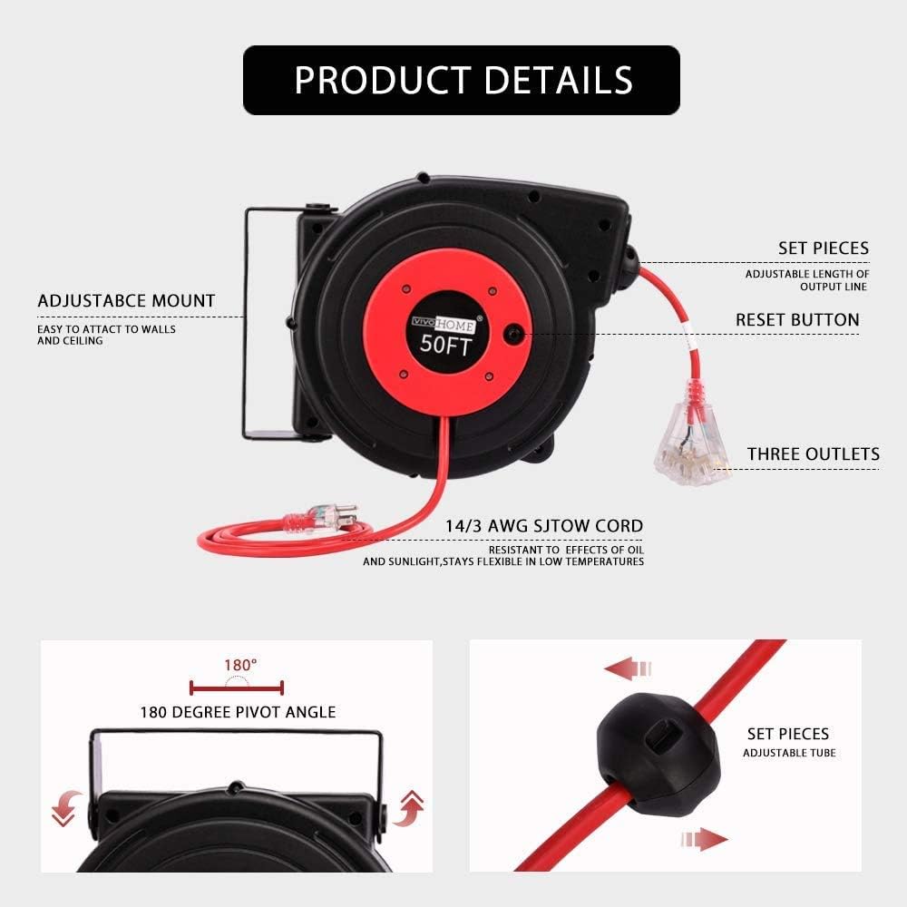 50 Feet Retractable Extension Cord Reel with Swivel Bracket and LED Light Connector Y211