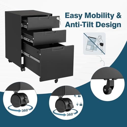 Black 3 Drawer Metal File Cabinet with Lock E302447