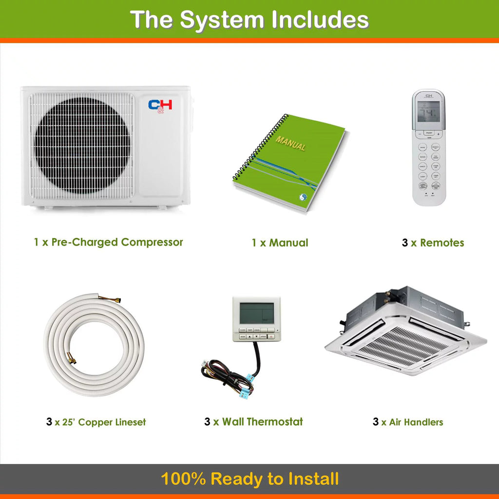 Tri 3 Zone Ductless Mini Split Ceiling Cassette Air Conditioner Heat Pump 9000 12000 12000 W140052