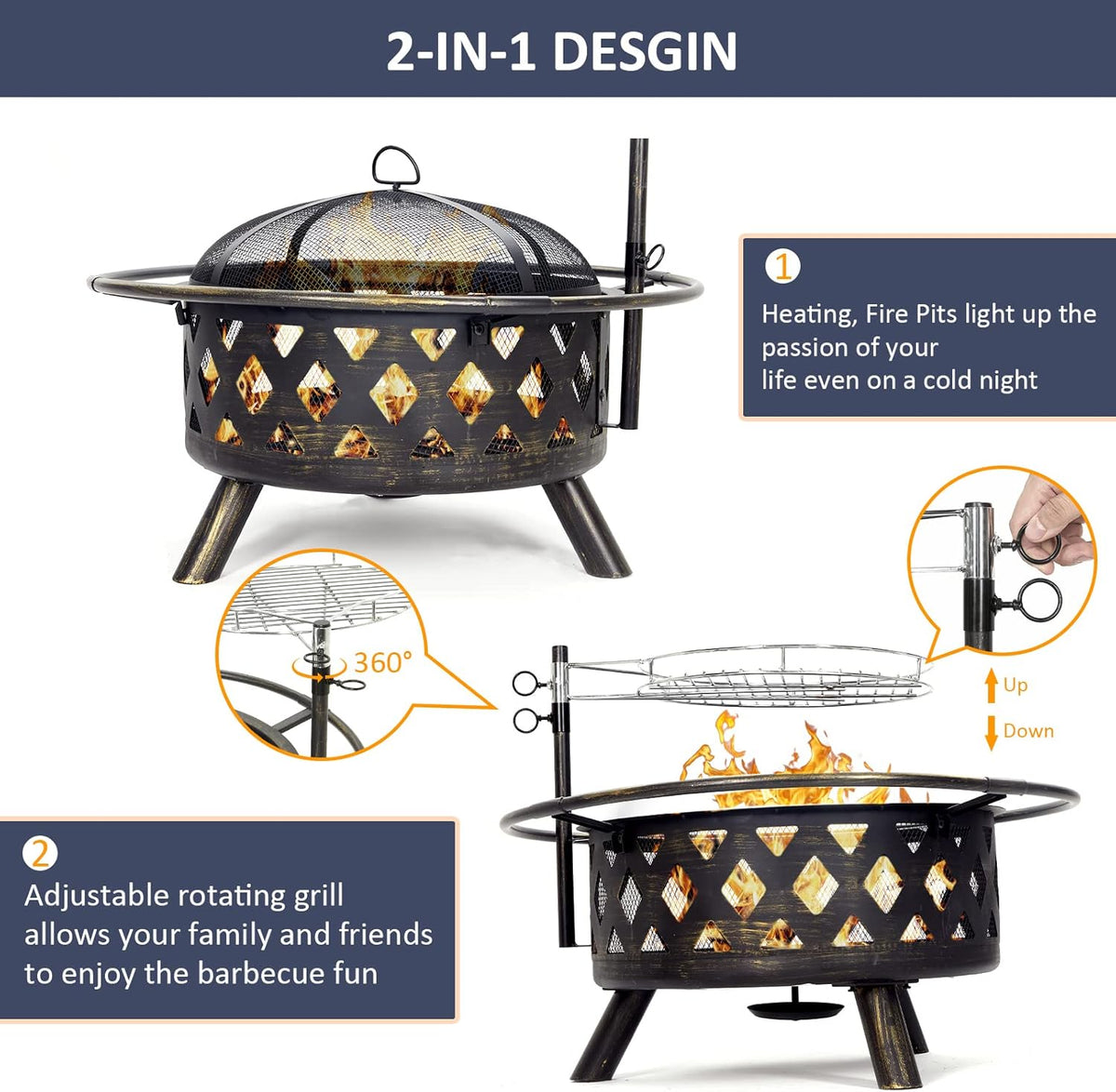 30 Inch Wood Burning Fire Pit with BBQ Grill U316973