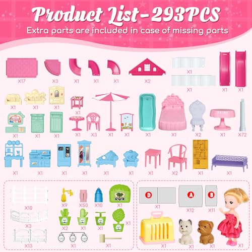4-Story 12 Rooms Pink Dollhouse with Doll and Furniture J787