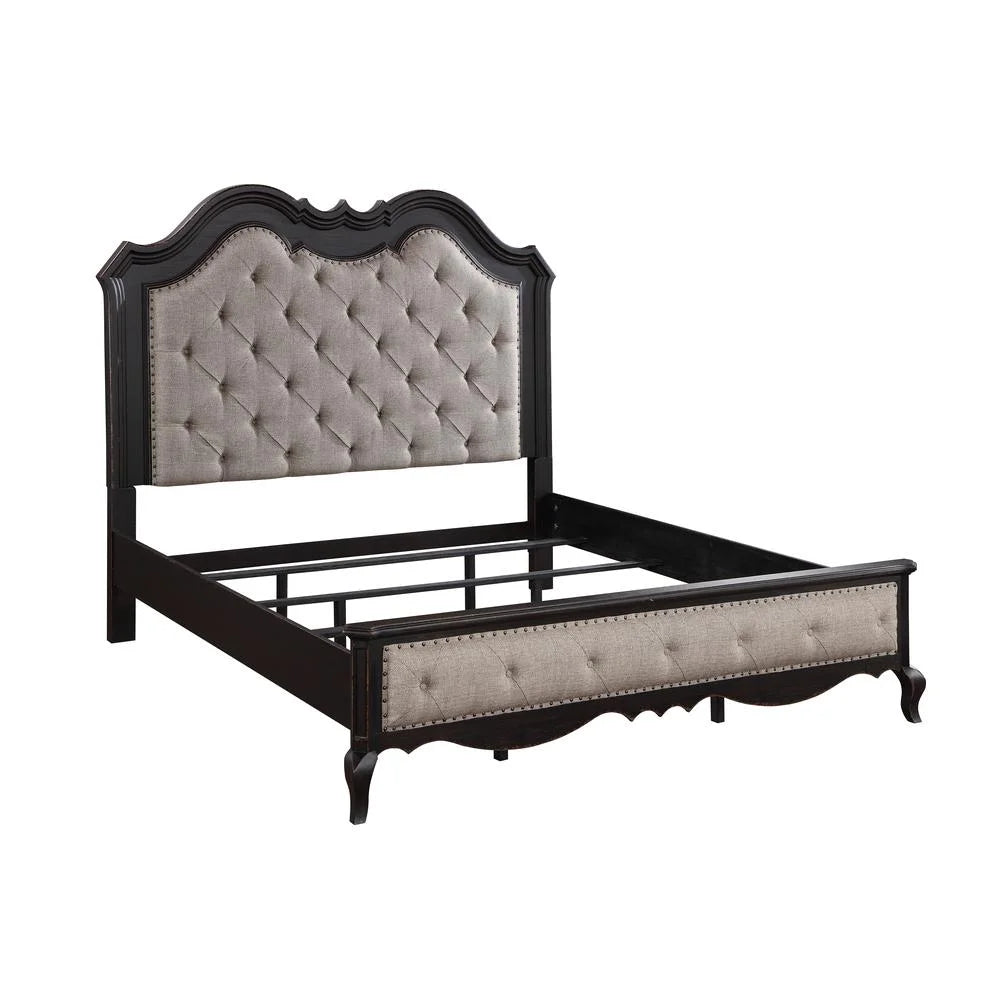Beige Tufted Fabric Wood Queen Bed J810