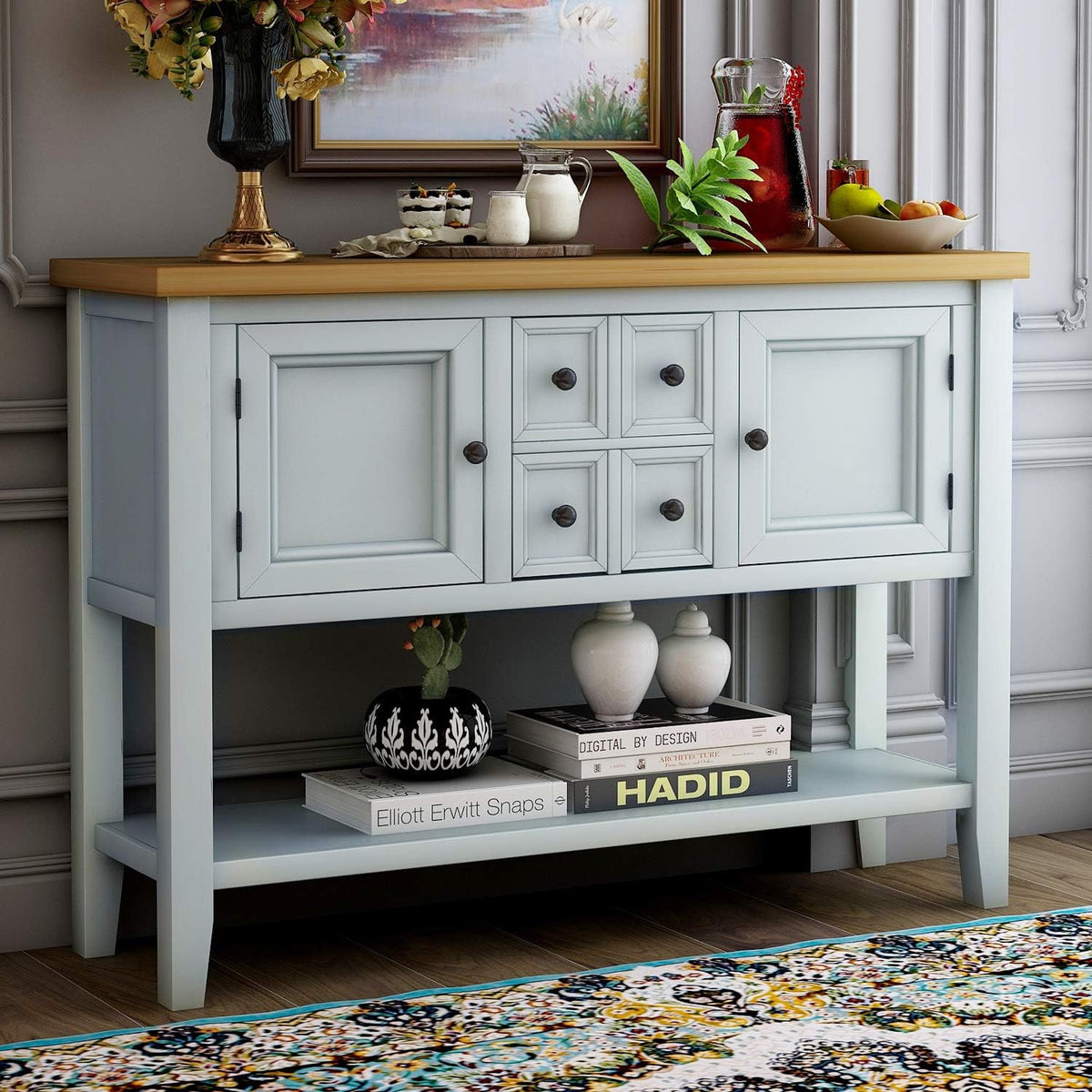 Antique Gray Console Table with Storage Drawers and Bottom Shelf K432