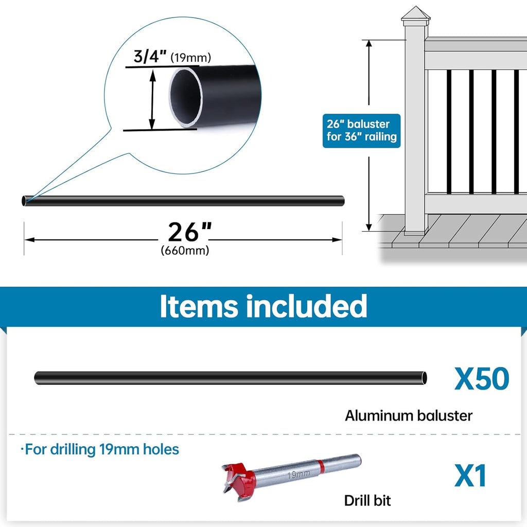 50 Pack 26" x 3/4" Aluminum Deck Balusters F16249