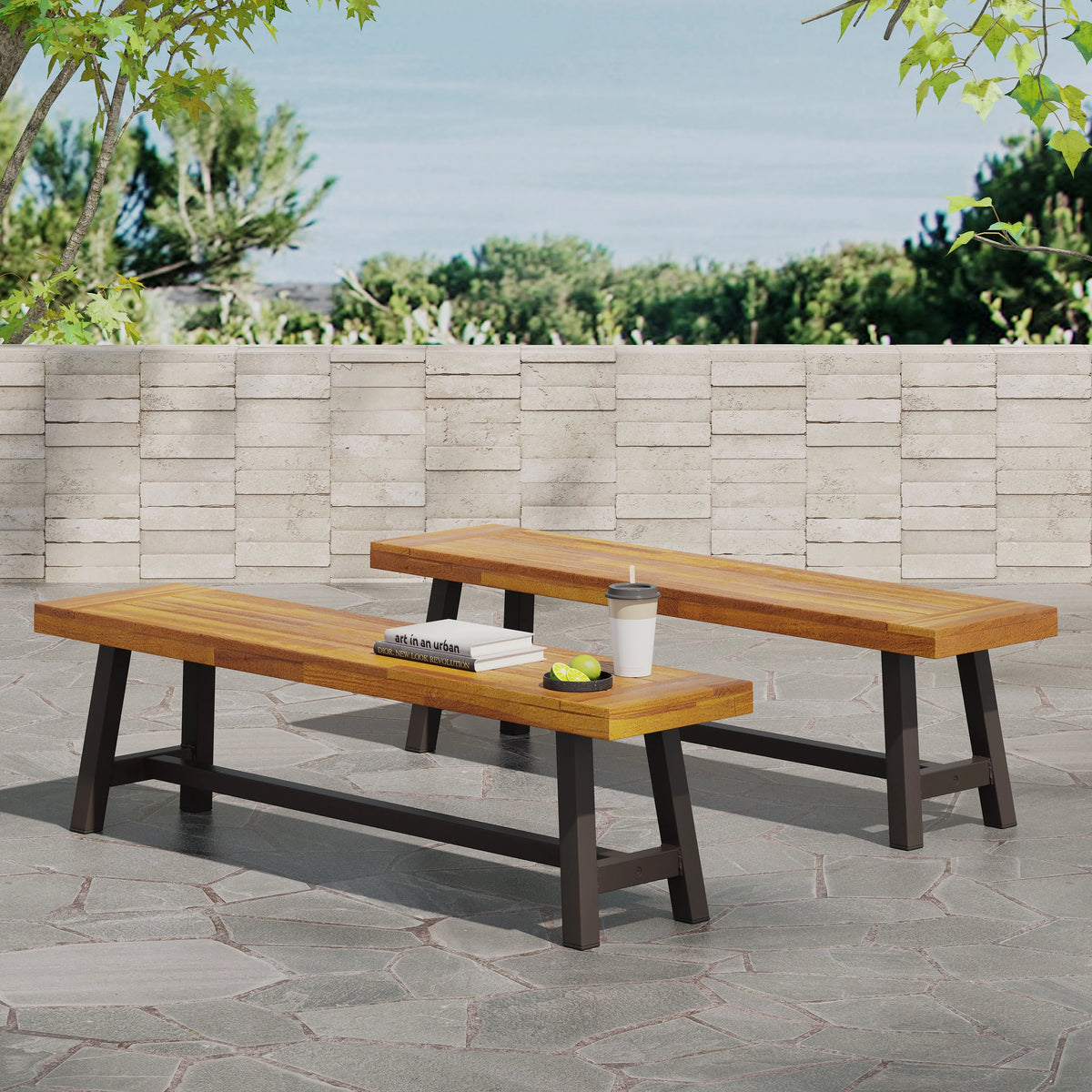 Acacia Wood Outdoor Benches Set of 2 X666858