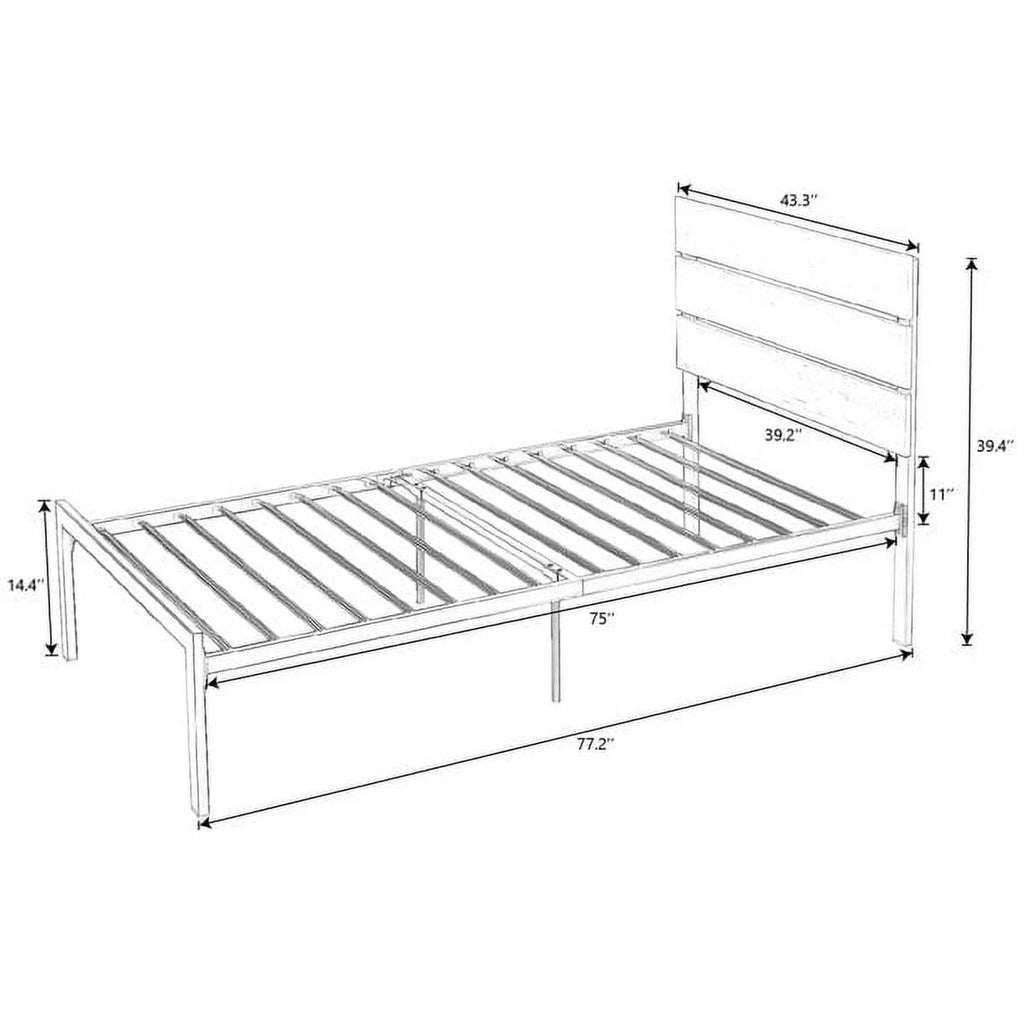Twin Size Platform Bed Frame with Wood Headboard and Metal Slats C75680