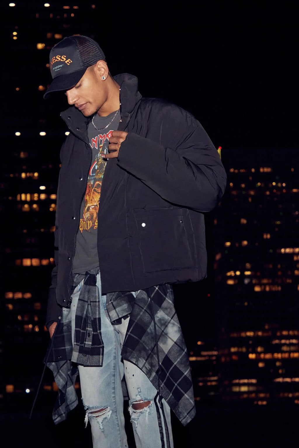 Black Cargo Pocket Puffer Jacket Z120069