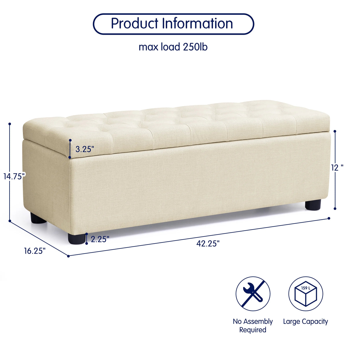 Beige Linen Fabric Storage Ottoman Bench R194620