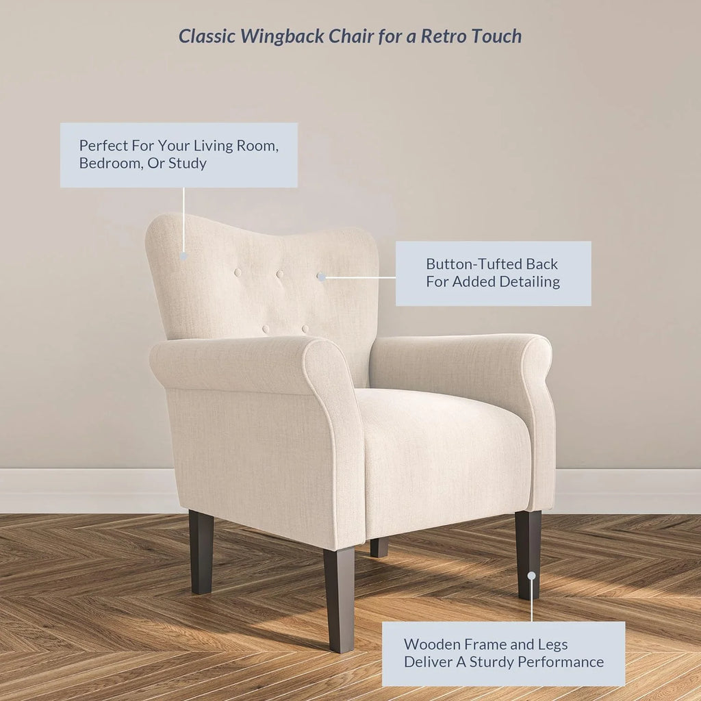 Beige Upholstered High Back Armchair with Wooden Legs L802327