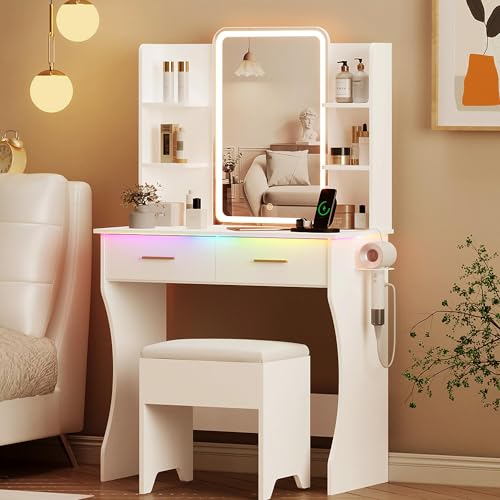 White Vanity Desk with LED Lights Mirror & Chair H709875
